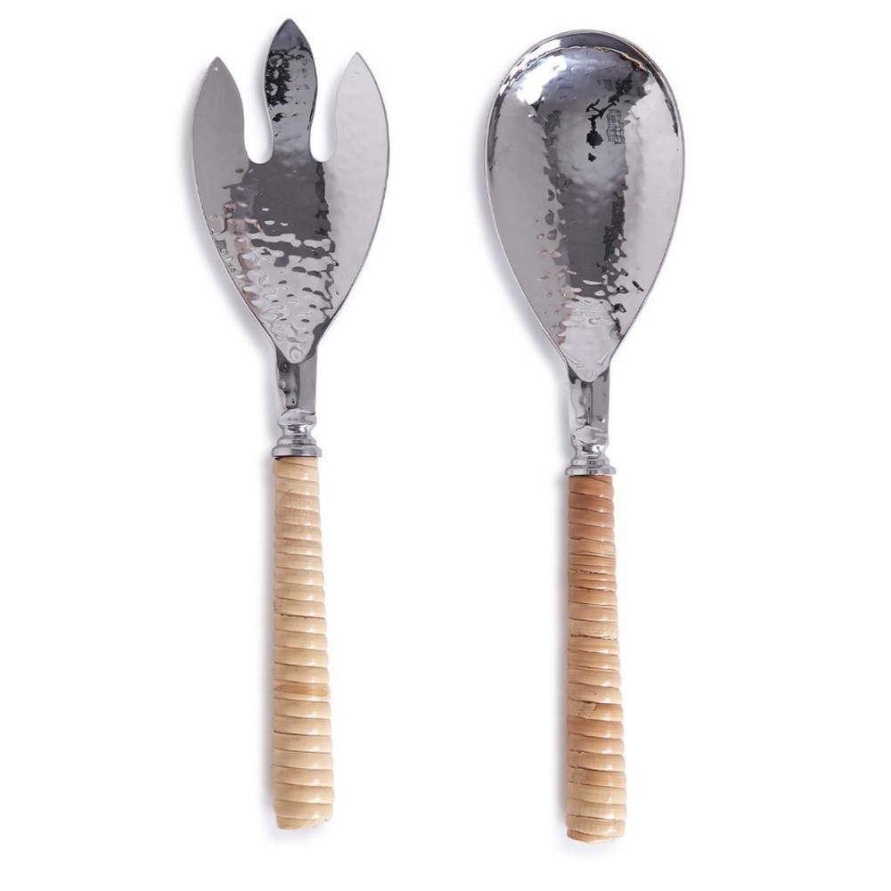 TWO’S COMPANY NEW Al fresco set of 2 hammered servers rattan handles